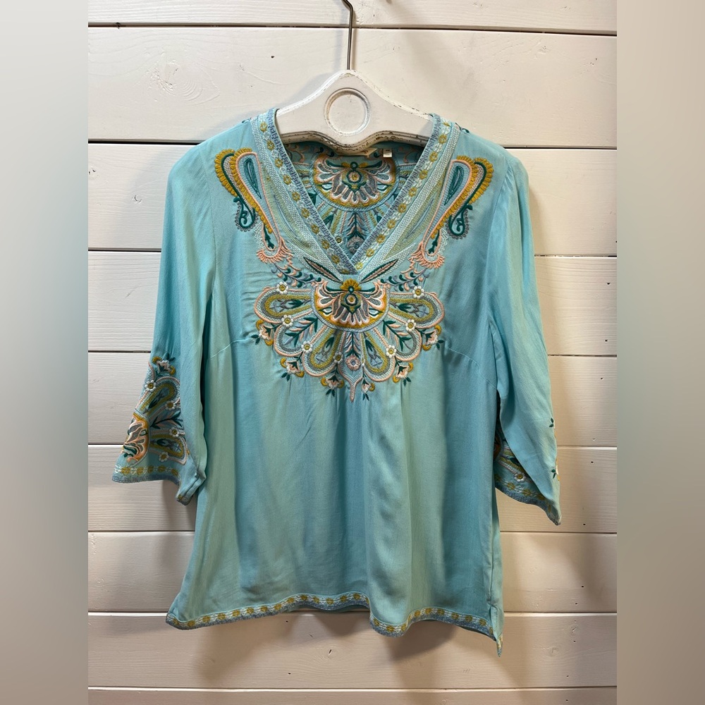 SOFT SURROUNDINGS EMBROIDERED BOHO BLOUSE TURQUOISE SIZE PM